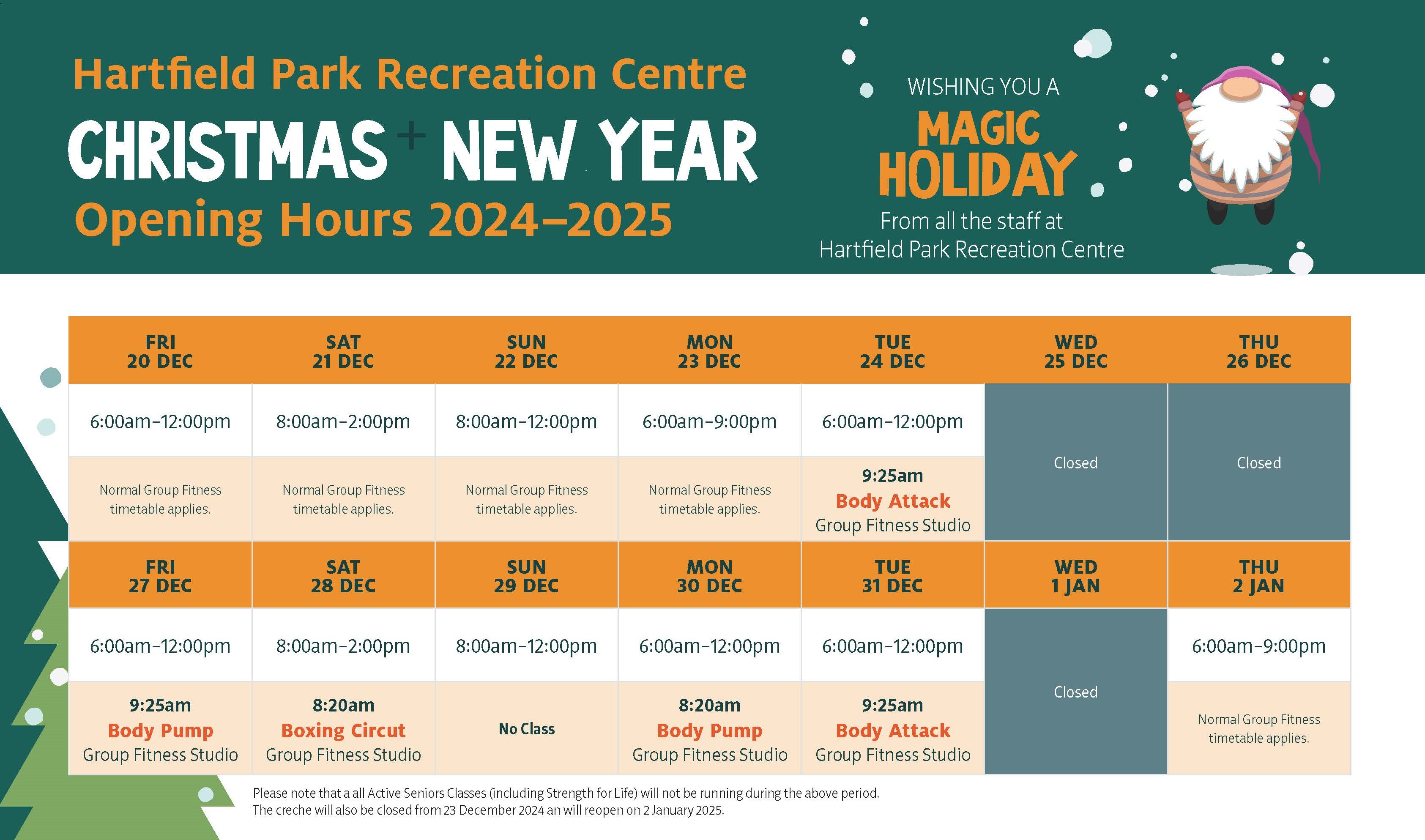 Hartfield Park Recreation Christmas opening hours