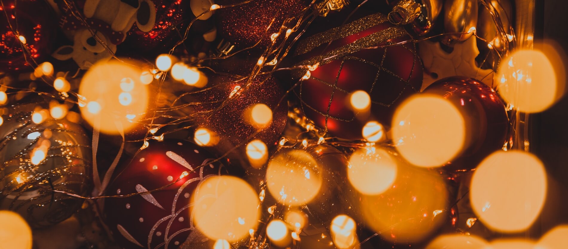 A bokeh shot of christmas lights and baubles balls