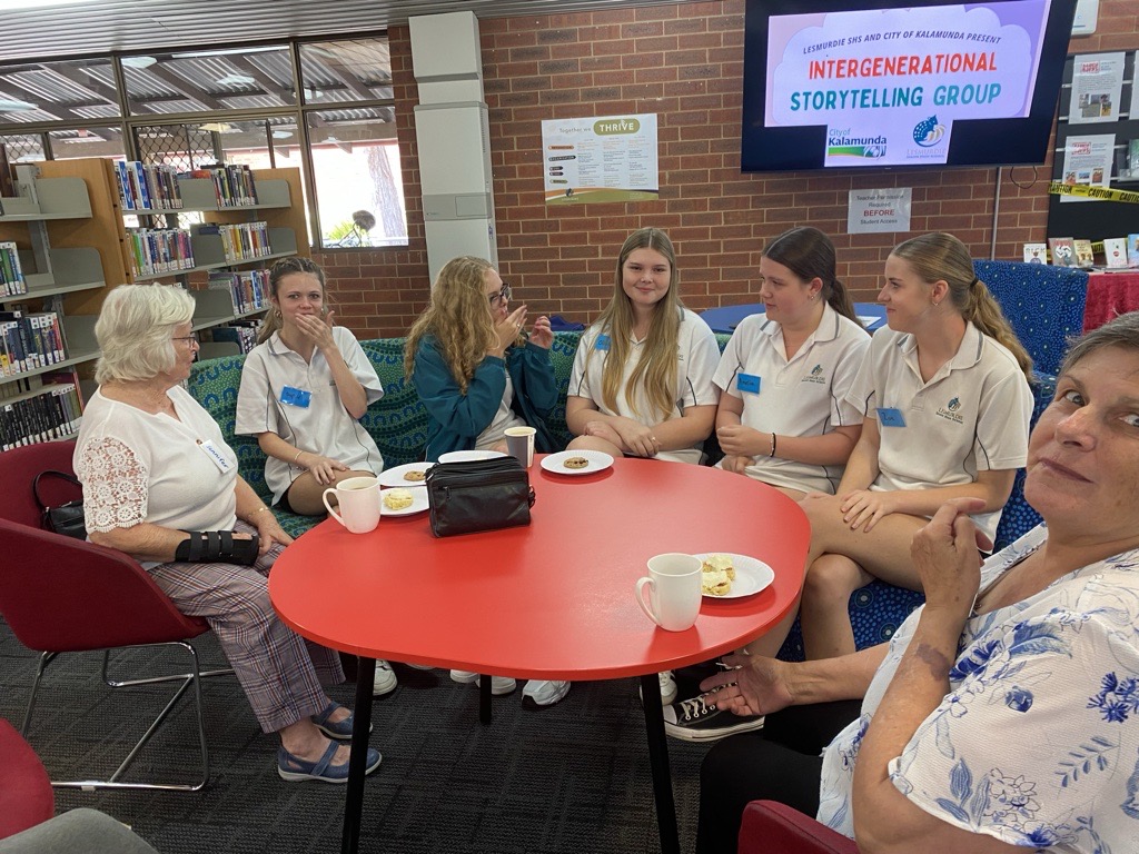 2 community members and 5 students sharing stories