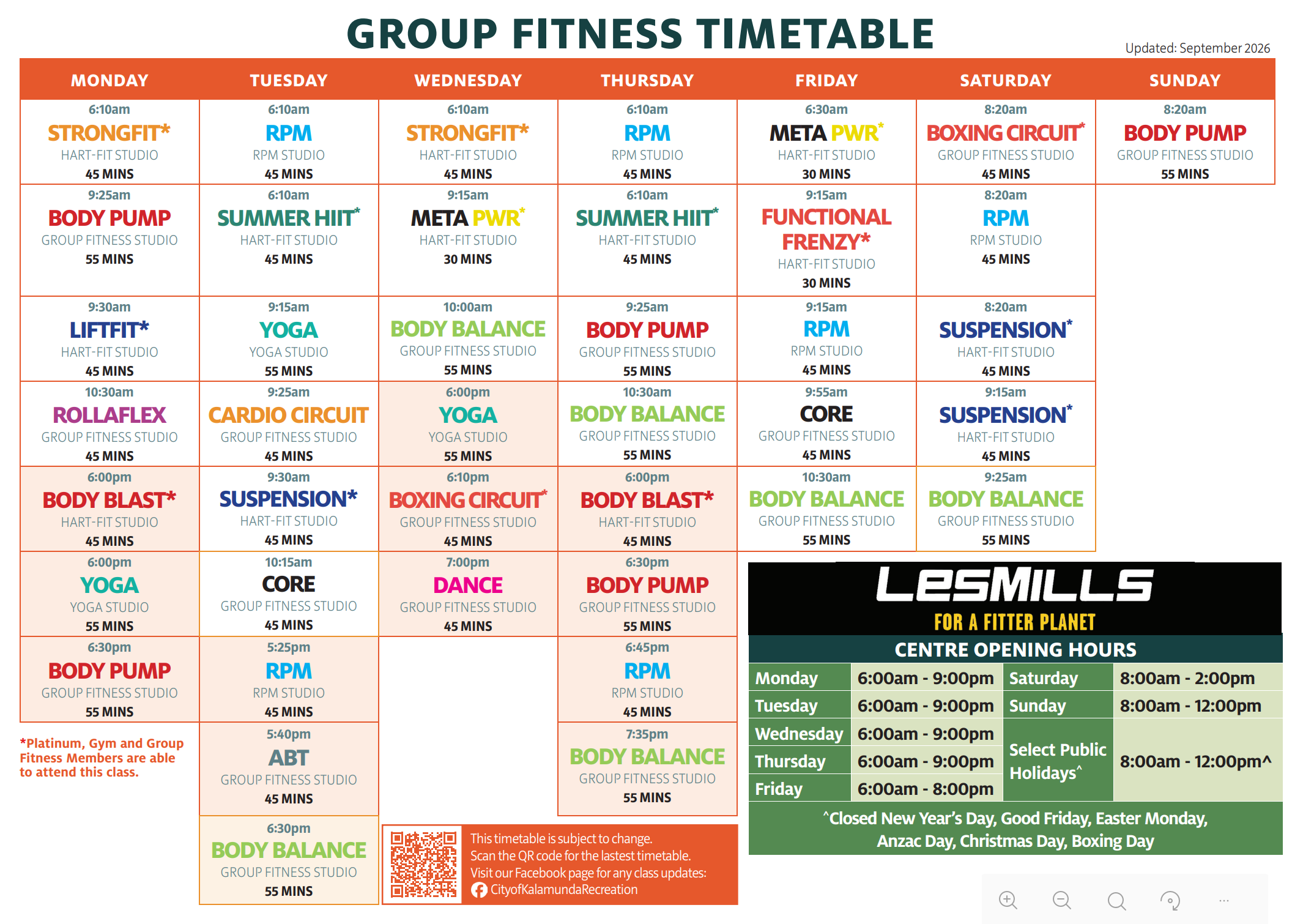 Group fitness timetable